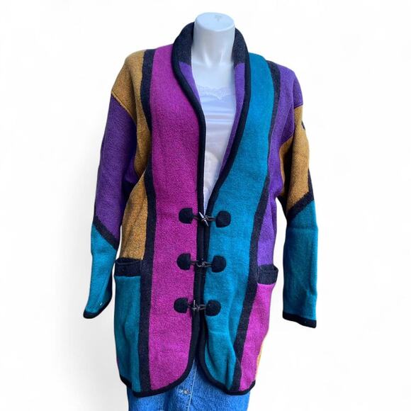 Vintage 90'sI.B. Diffusion Multicolored Color Block Wool Duster Jacket L